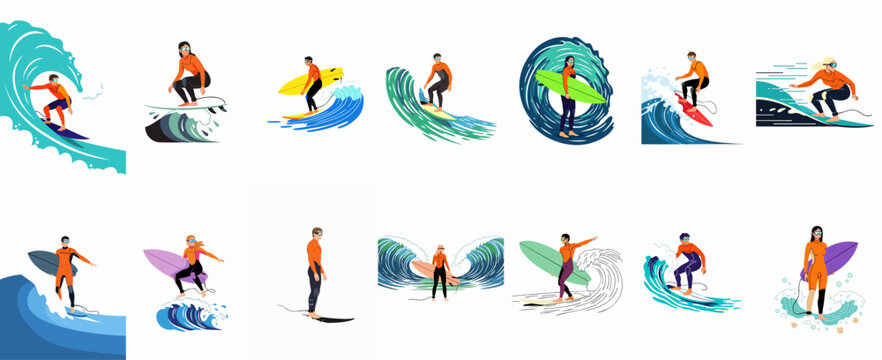 Flat vector illustration set of diverse male and female surfers riding large ocean waves in various dynamic poses and wetsuits.