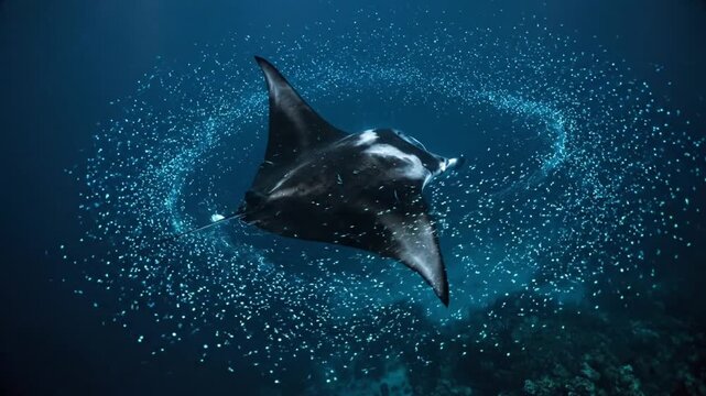 Giant manta ray gliding underwater through a glowing spiral of bioluminescent plankton over a coral reef