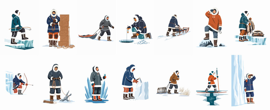 A diverse collection of vector illustrations depicting Inuit people engaged in traditional Arctic survival activities, including hunting, ice fishing, and traveling.