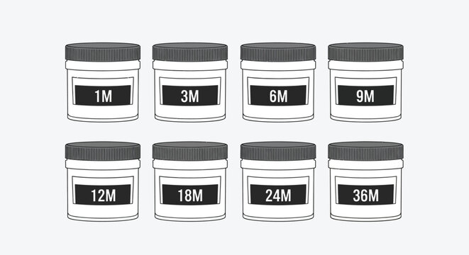A collection of eight cylindrical jars each labeled with a time increment in months