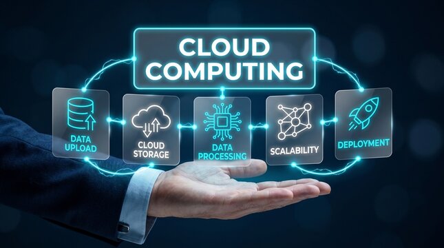 A person presenting cloud computing concepts with icons and symbols on their hand