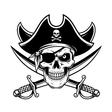 A skull wearing a pirate hat and eye patch Vector, illustration