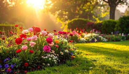 Fototapeta premium Flowers bloom brightly in a sun-drenched garden, casting a warm golden glow across the lush greenery