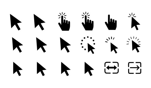 Black cursor icon set with flat computer pointer hover click and interface actions vector collection