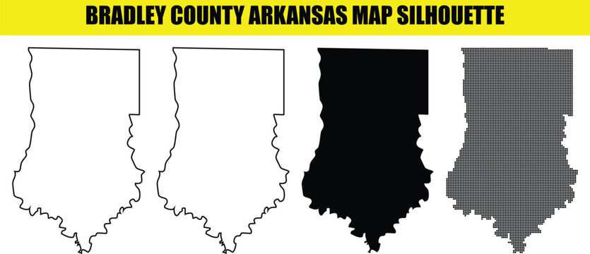 Bradley county arkansas map silhouette set collection with outline black fill white solid and halftone patterns.