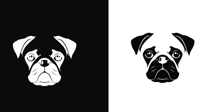 A black and white illustration of a pug dog's face on contrasting backgrounds