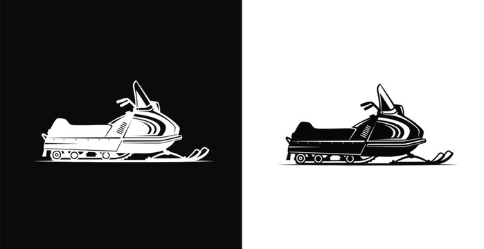 A black and white illustration of two snowmobiles on different colored backgrounds