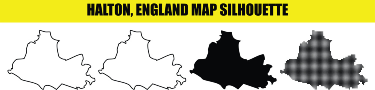 Halton england map silhouette with four styles: solid white, outline, solid black, and dotted pattern.