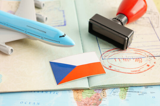 Czech, passport with approved stamp on document for tourism to immigration at airport in country.