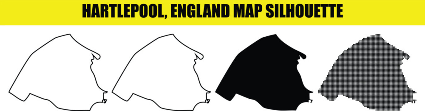 Hartlepool england map silhouette with four styles: solid white, outline, solid black, and dotted pattern.