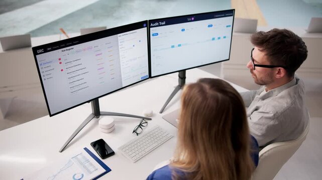 Governance Manager And Colleague Discuss Risk Scores