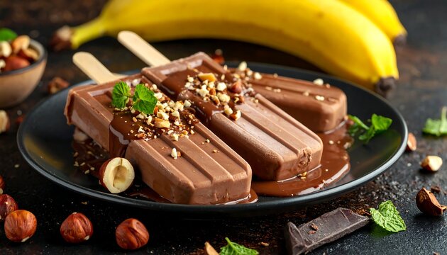 A plate of chocolate popsicles with nuts and caramel sauce