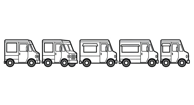 A simple black and white line drawing depicts five delivery or step vans in a row