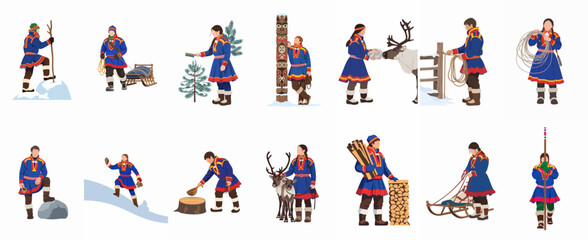 Vector set of Sami people in traditional gakti clothing performing various winter activities like reindeer herding, sledding, and gathering firewood on white background. © Telu