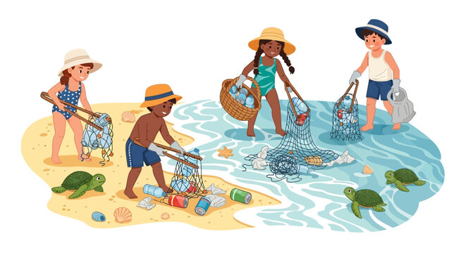 Illustrated scene of children wearing hats and gloves cleaning up plastic bottles and trash from a beach with sea turtles, depicted in a bright, cartoon style evoking a hopeful