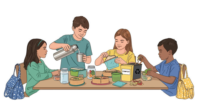 A diverse group of children is depicted in a colorful illustration, preparing reusable containers and packing lunches at a wooden table against a white background with an educational