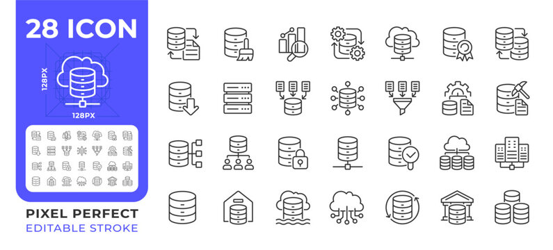 Data analytics pixel perfect line icons set. Sql database, data management. Networking technology. Isolated vector outline illustrations. Thin lineart iconset symbols. Editable stroke