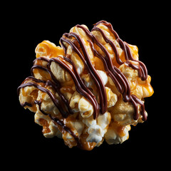 Obraz premium Chocolate popcorn cluster kernel coated in glossy golden caramel, isolated on black background, concept of gourmet snack food