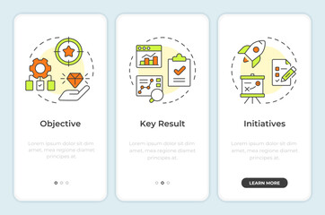 Naklejka premium OKR methodology onboarding mobile app screen. Workflow structure. Walkthrough 3 steps editable graphic instructions with linear concepts. UI, UX, GUI. Montserrat SemiBold, Regular fonts used