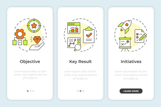 OKR methodology onboarding mobile app screen. Workflow structure. Walkthrough 3 steps editable graphic instructions with linear concepts. UI, UX, GUI. Montserrat SemiBold, Regular fonts used