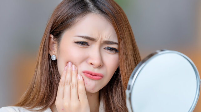 A young woman looks distressed with a toothache.