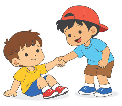 Kid helping friend stand up after falling, kindness and friendship cartoon illustration