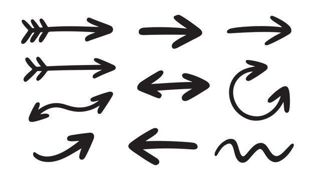 Minimalist hand drawn black arrows including straight curved and double headed pointers for navigation purpose.