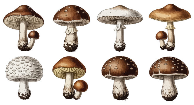 A vintage botanical illustration showcases a diverse collection of mushroom species detailed and scientifically rendered