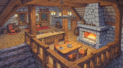 Fototapeta premium Discover the Charm of a Cozy Cabin Interior: A Rustic Retreat with Warm Fireplace, Crafted Furniture, and Inviting Ambiance for Relaxation and Comfort in Every Corner