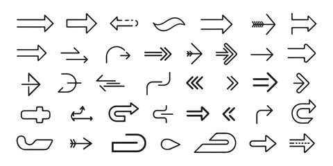 Naklejka premium Minimalist outline arrow set featuring various directional pointers for navigation and web design infographics.