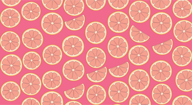 Beautiful pattern of pink grapefruit slices on a solid matching pink background for a refreshing and modern summer fruit theme.