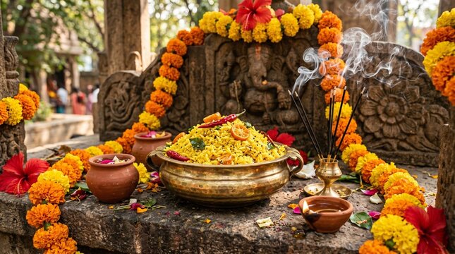 Traditional Indian prasad offering with incense and marigold flowers in temple