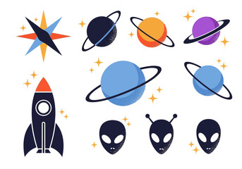 Space Exploration Vector Icon Set Featuring Rocket Ship, Saturn-style Planets, Alien Heads, and Stars in a Modern Retro Minimalist Style © Leo