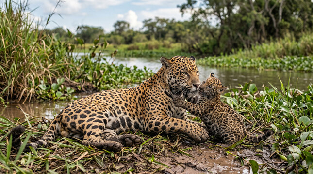 Mother Jaguar and cub (Panthera onca) playing at Pantanal wetlands, Brazil. 