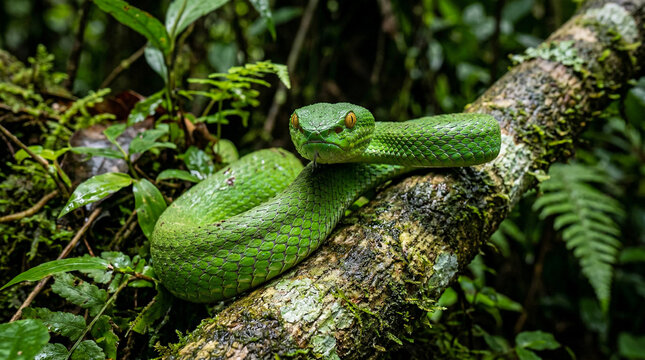 Close up low angle shot of a Green pit viper snake in forest, Thailand.
