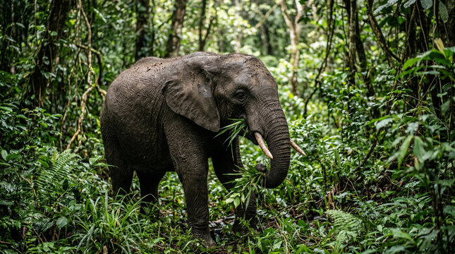 The African Forest Elephant (Loxodonta cyclotis) eating grasses in rainforest of the Congo Basin. 

