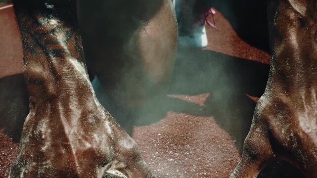 Close up of athlete hands with powder dust capturing strength preparation and intensity with dramatic lighting and particles suspended in motion during training moment