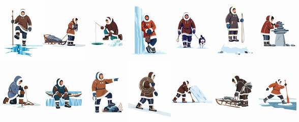 Set of vector illustrations featuring Arctic indigenous people in traditional clothing performing various daily activities like fishing, sledding, and hunting in the frozen north. © Telu