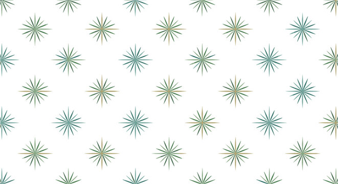 Minimalist seamless pattern of colorful multi-pointed geometric starbursts evenly spaced on a clean white background for gift wrap.