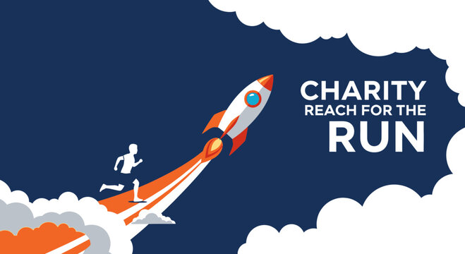 Charity Run Concept: Reaching New Heights with a Rocket and Determined Runner
