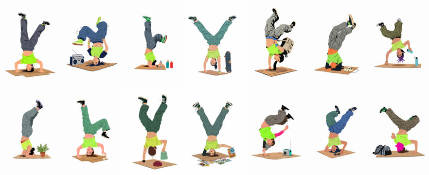 Set of vector illustrations featuring girls breakdancing, performing handstands and headstands on cardboard with street culture accessories, isolated on a white background.
