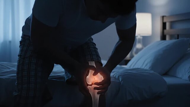 Man experiencing severe knee pain in a dark bedroom, highlighting joint discomfort and skeletal structure.