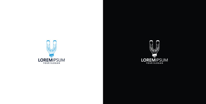 smart bulb technology logo design, bulb logo design initial U creative bulb logo ideas