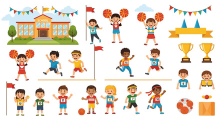 Fototapeta premium Cheerful Kids Engaging In School Athletic Sports Activities In Pictorial Illustration Style