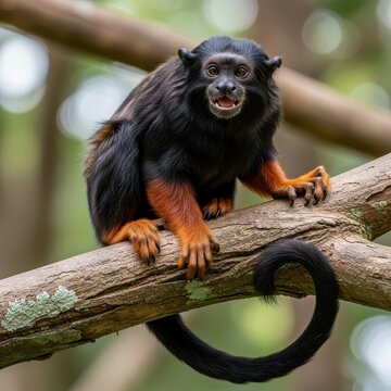 Black and Red Titi Monkey Perched on Tree Branch.