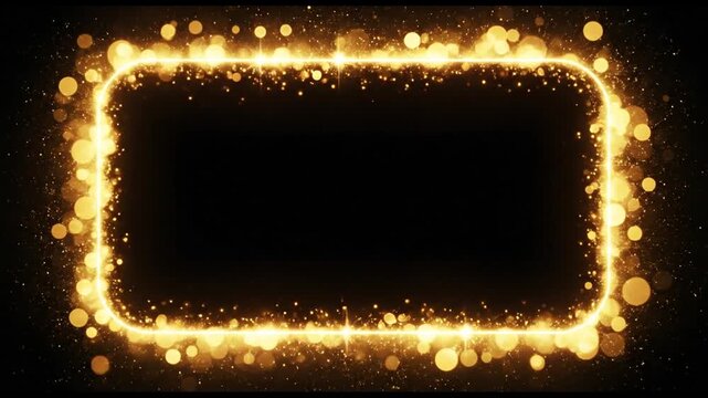 Elegant golden sparkling rectangular frame with shimmering glitter particles on a dark background, perfect for festive designs, celebrations, and luxury events