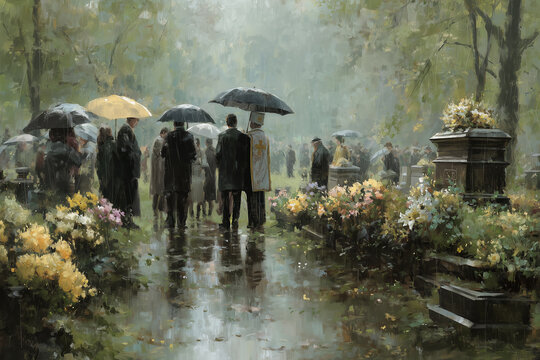 A graveside funeral ceremony with people holding umbrellas and flowers while paying their last respects.