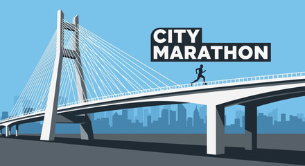 Fototapeta premium City Marathon on Bridge with Running Silhouette Against a Blue Sky Background