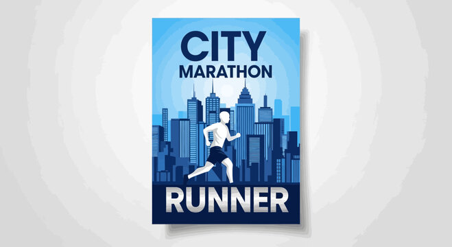 City Marathon Runner Silhouette Against Urban Skyline, Blue Tones, Athletic Event Invitation Poster