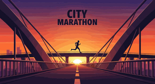 City Marathon Runner Silhouette At Sunset, Vibrant Bridge Scenic Running Perspective